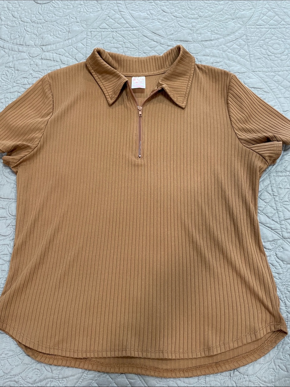 *3 for $10* No Boundaries Ribbed Half-Zip Polo Tee in Camel Brown